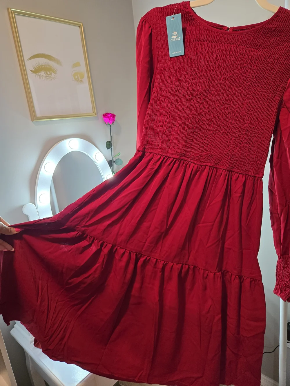 Cupshe Red Long-Sleeve Smocked Tiered Dress